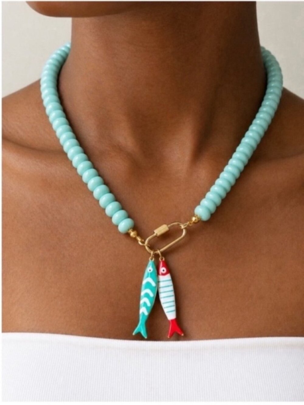 New! Coastal Cyan Beaded Carabiner Fish Sardines Necklace (4018) NWOT